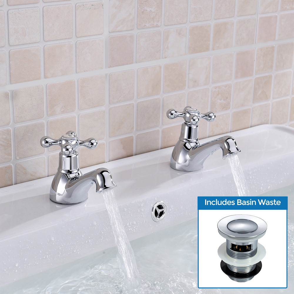 Nes Home Victorian Chrome Cross Head Basin Hot and Cold Twin Taps with Waste Image 2