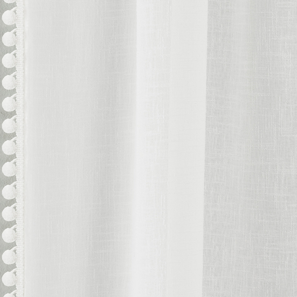 Tyrone Textiles Tahiti White Linen Look Pom Pom Trim Rod Pocket Voile Panel Curtains 140 x 137cm Image 3