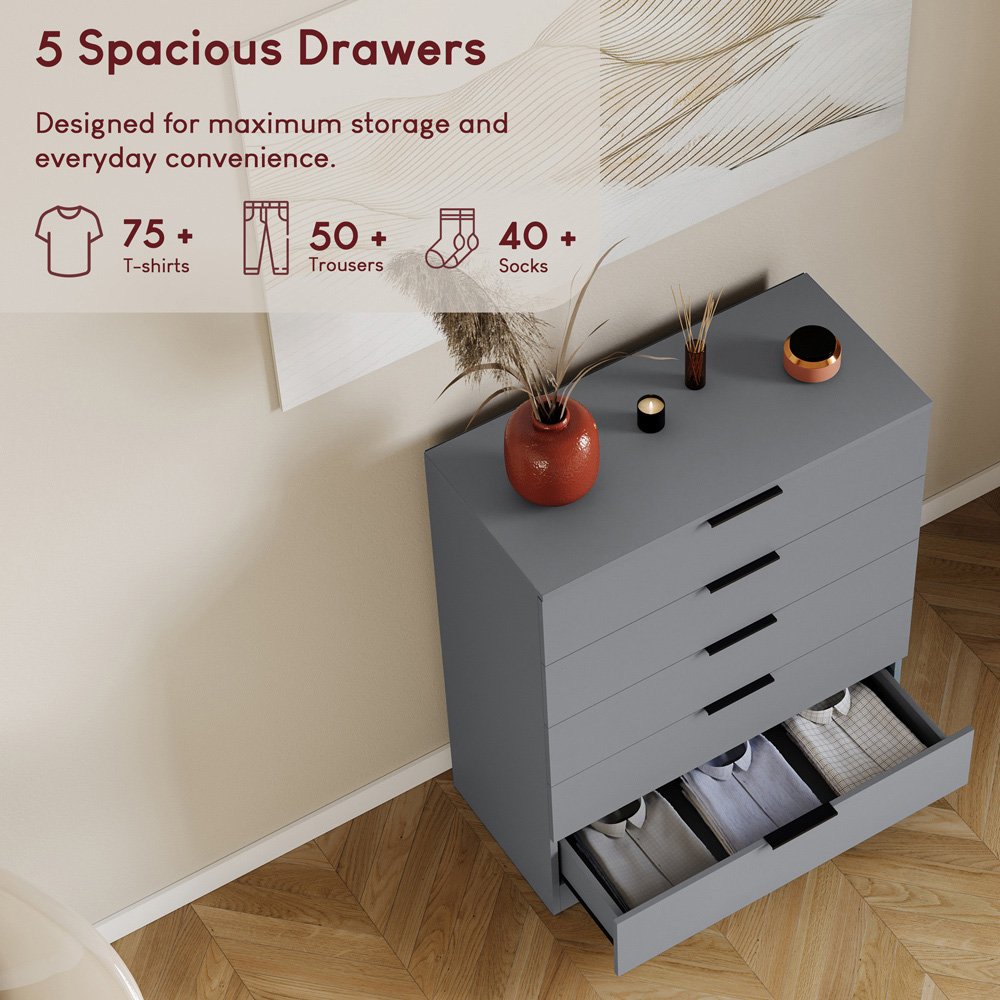 VIDA DESIGNS Trega 5 Drawer Grey Bedside Cabinet Image 6
