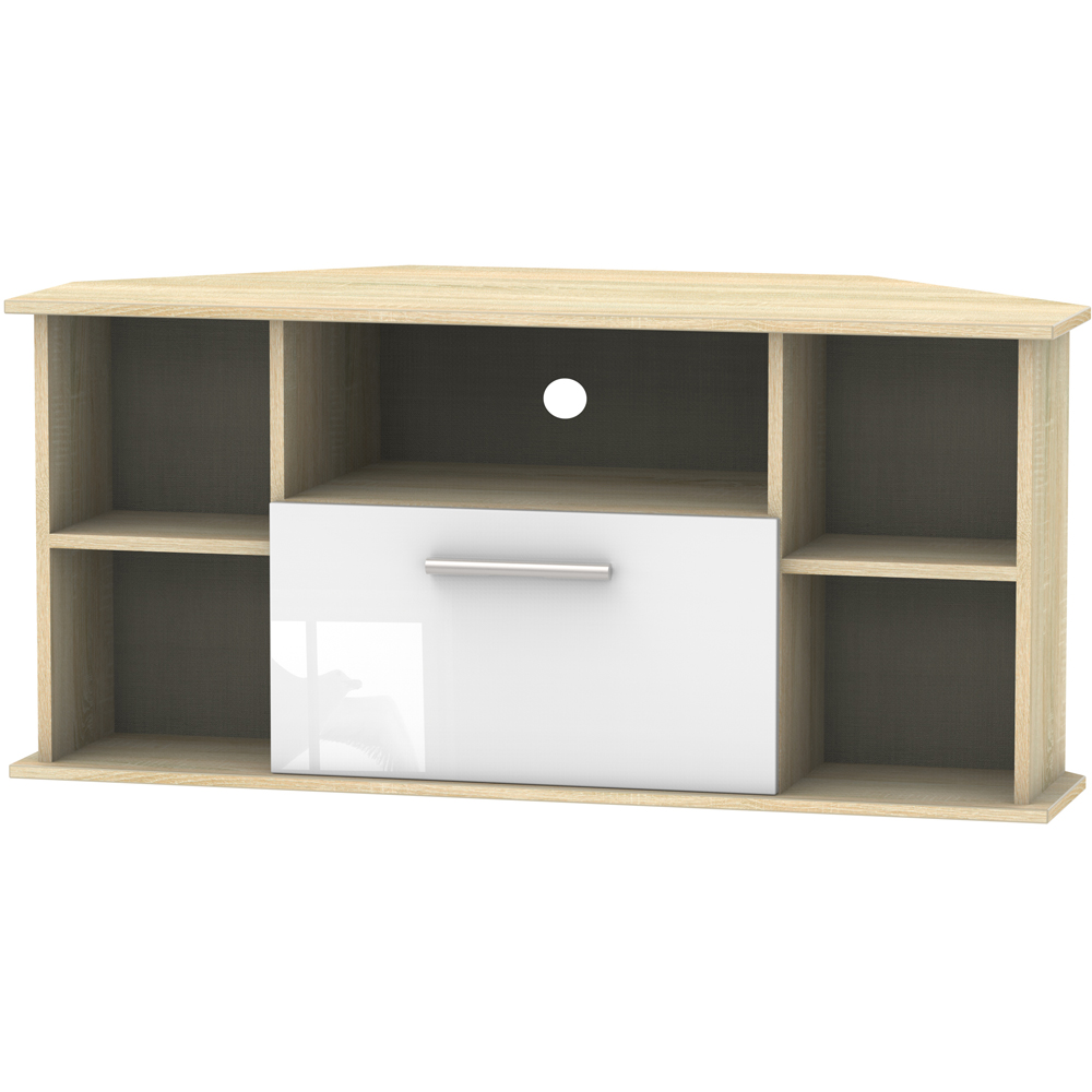 Crowndale Contrast Single Drawer White Matt and Bardolino Oak Corner TV Unit Ready Assembled Image 2