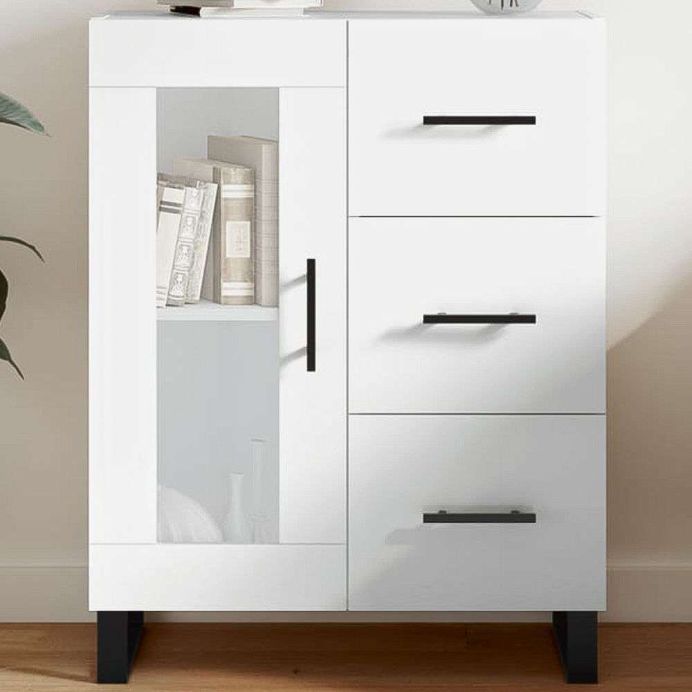 vidaXL Single Glass Door 3 Drawer High Gloss White Sideboard Image 1