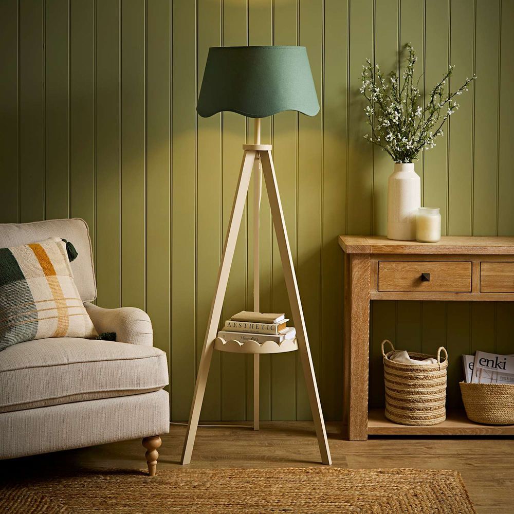 ValueLights Morrigan Sage Green Shade Cream Scallop Tripod LED Floor Lamp with Bulb Image 6