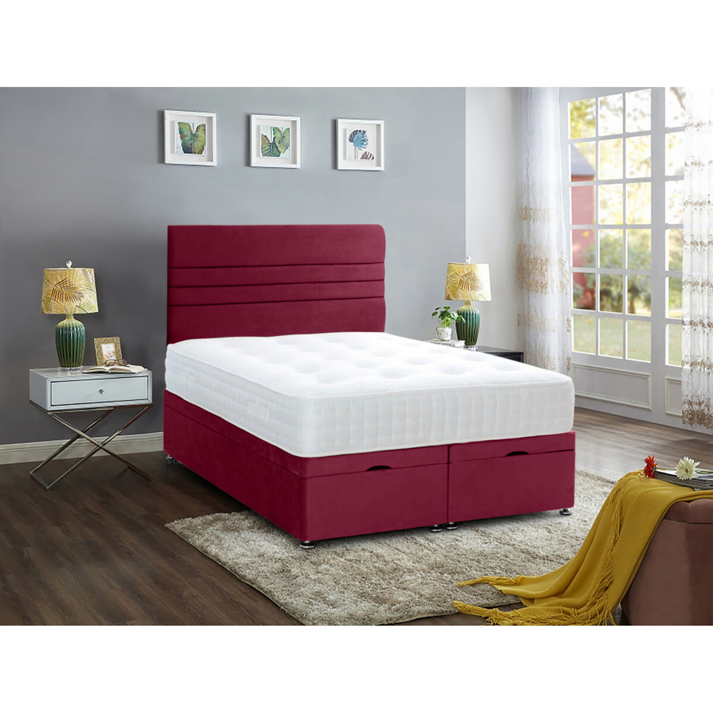 Eleganza Home Napster Small Double Maroon Plush Velvet Divan Ottoman Bed with Lined Headboard Image 2