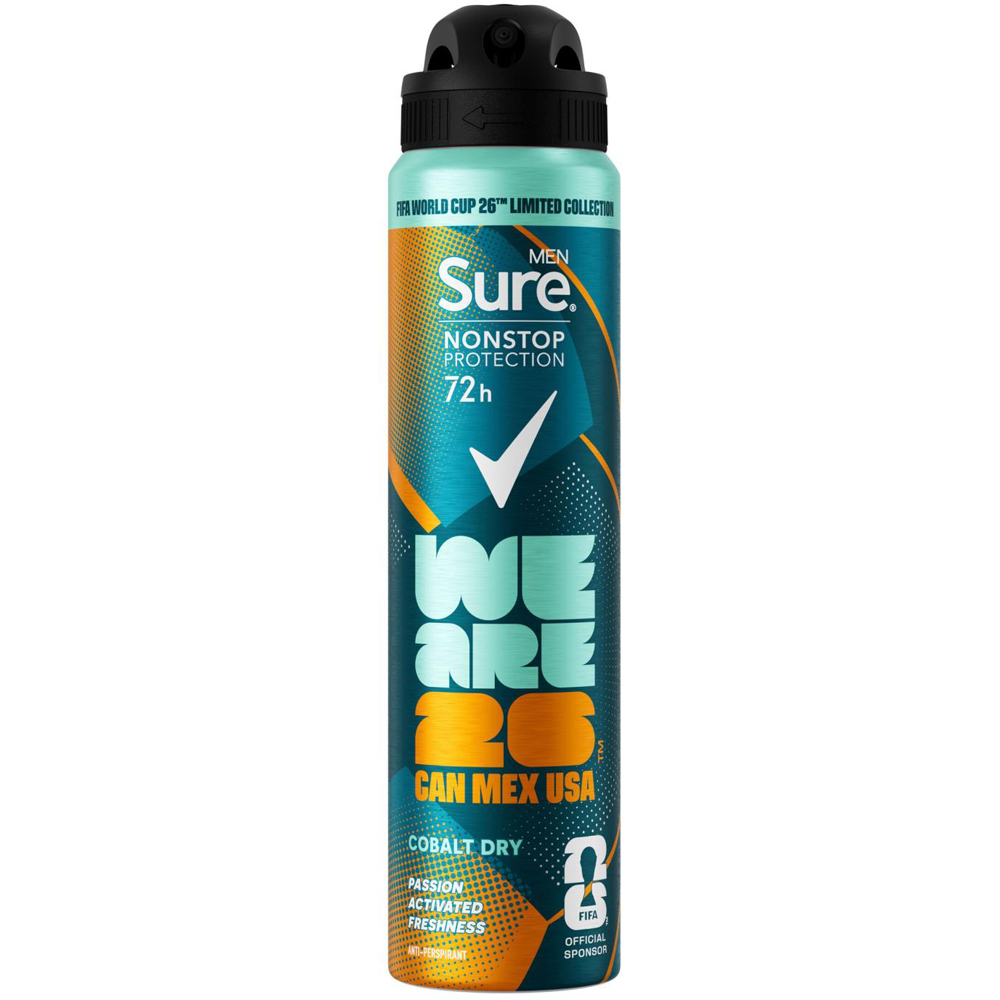 Sure Men Nonstop Protection FIFA Edition Cobalt Dry Anti-Perspirant Spray 250ml 6 Pack Image 2
