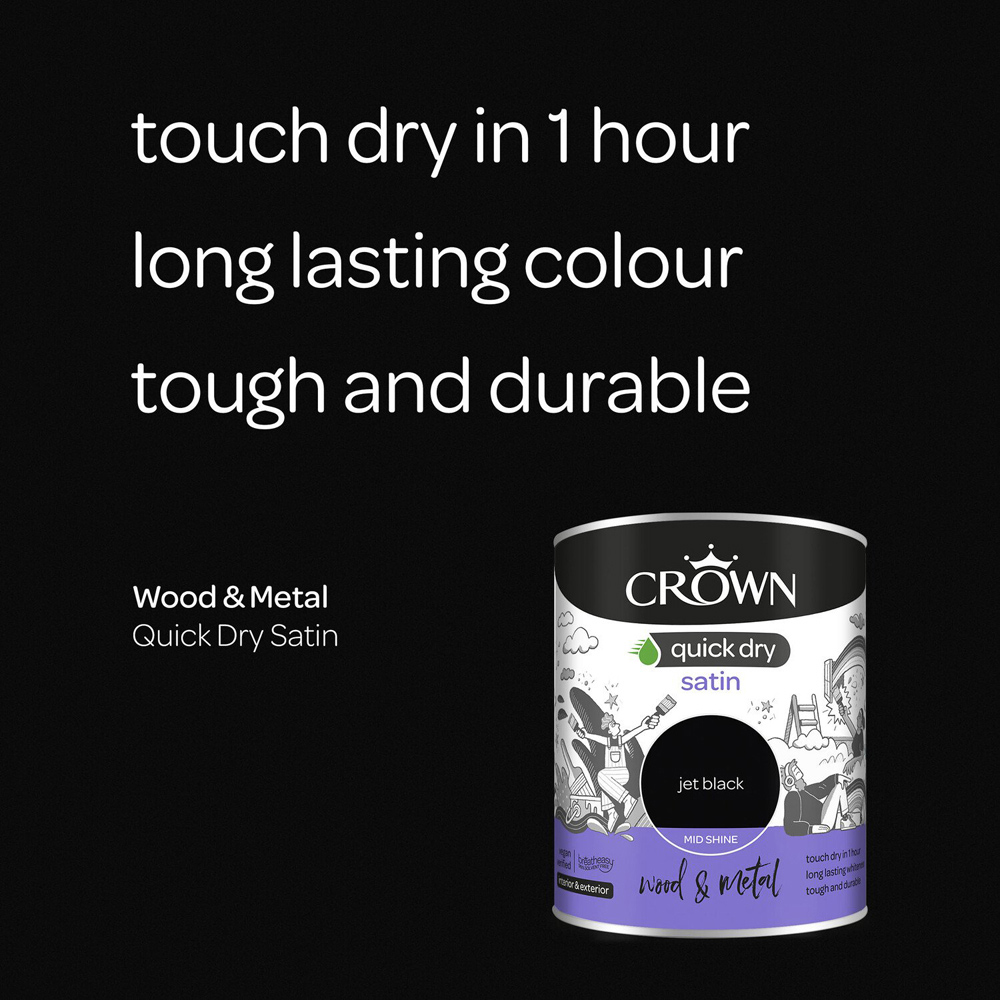 Crown Quick Dry Jet Black Satin Wood and Metal Paint 750ml Image 7