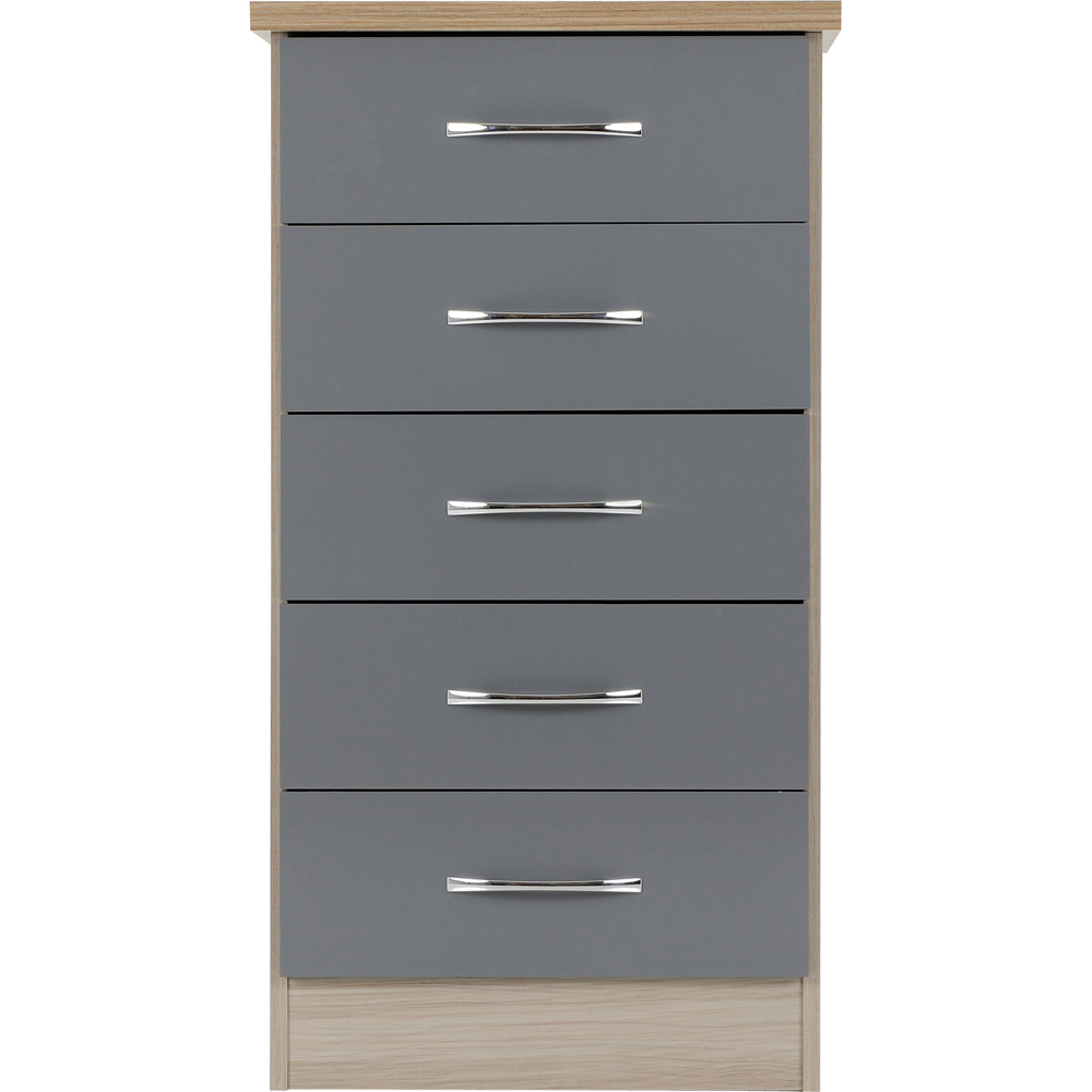 Seconique Nevada 5 Drawer Grey Gloss and Light Oak Veneer Narrow Chest of Drawers Image 3