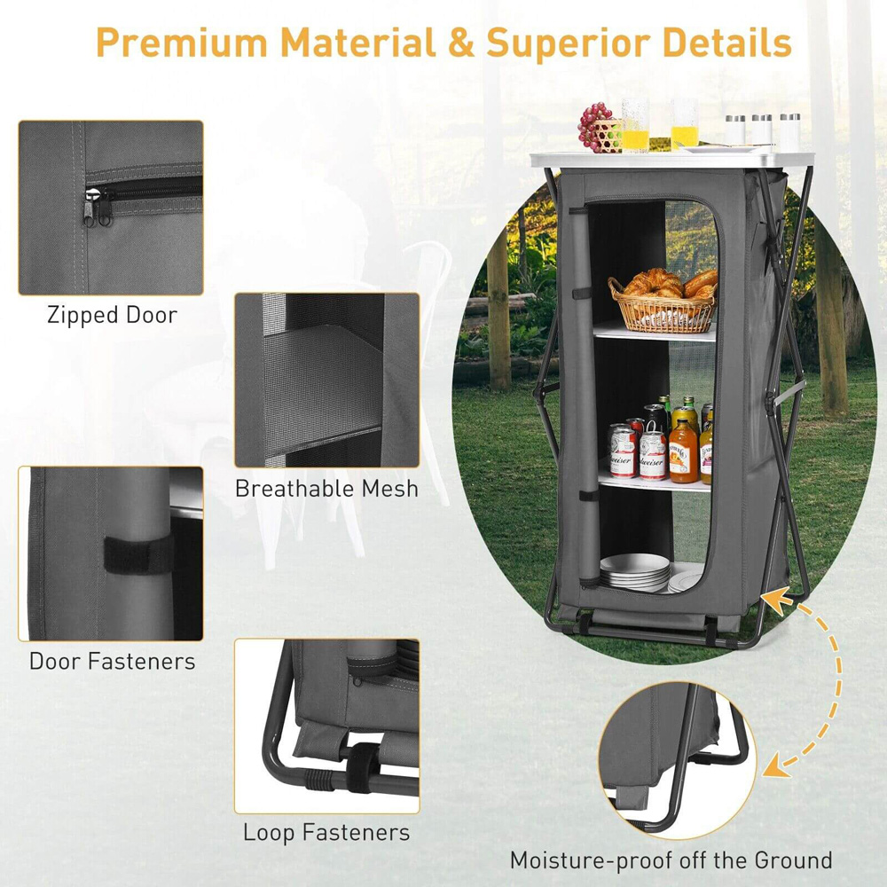 Costway 3 Shelf L Size Grey Foldable Camping Storage Cabinet with Carry Bag Image 6