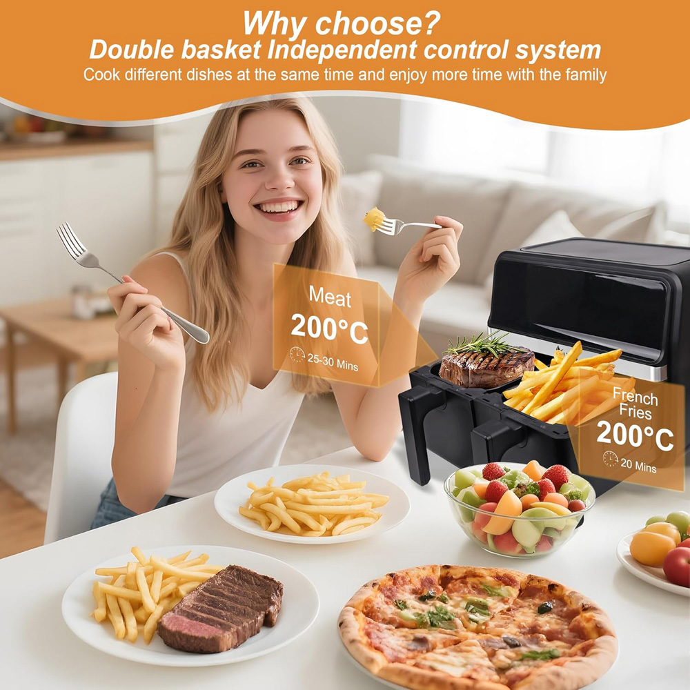 Alivio ZG033E-AIRFRYER Black Dual Basket 9L Air Fryer with LED Touch Screen 2200W Image 7