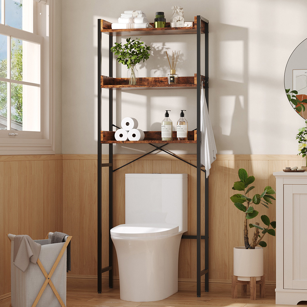Living and Home 3 Shelf Black and Brown Freestanding Over the Toilet Storage Rack with Hooks Image 7