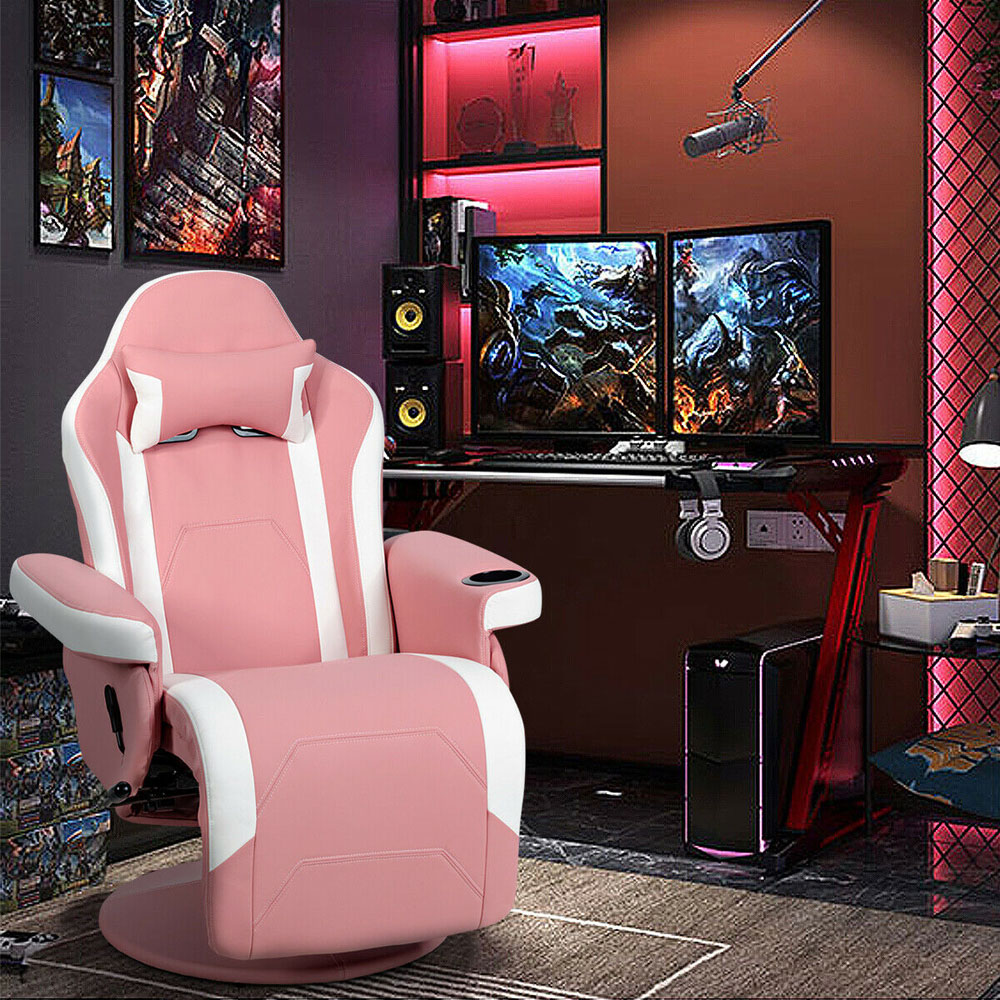 Costway Pink Electric Massage Gaming Chair with Cup Holder Image 3