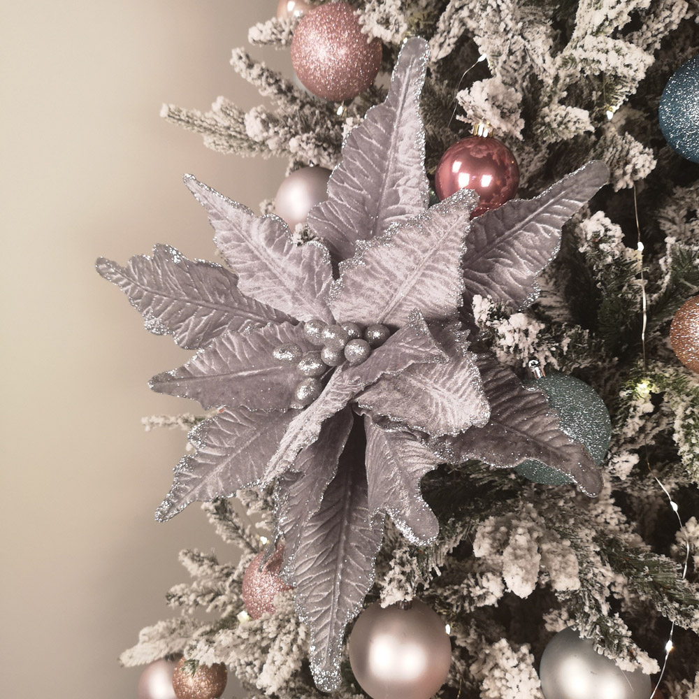 Samuel Alexander Silver Velvet Poinsettia Stem with 2 Flowers Christmas Decoration 68cm Image 2