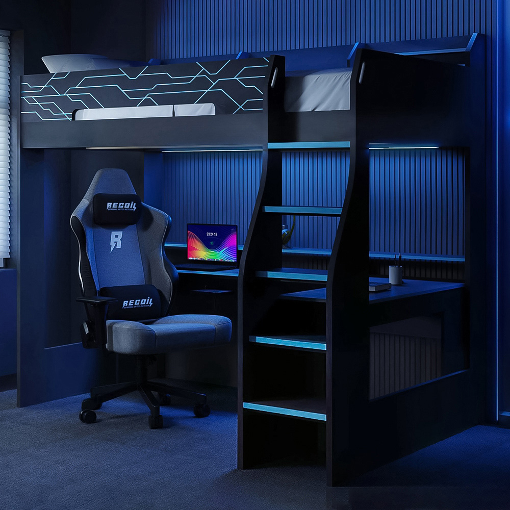 Recoil Ultimate Small Double Charcoal and Neon Blue Gaming High Sleeper Bed with LED Image 1
