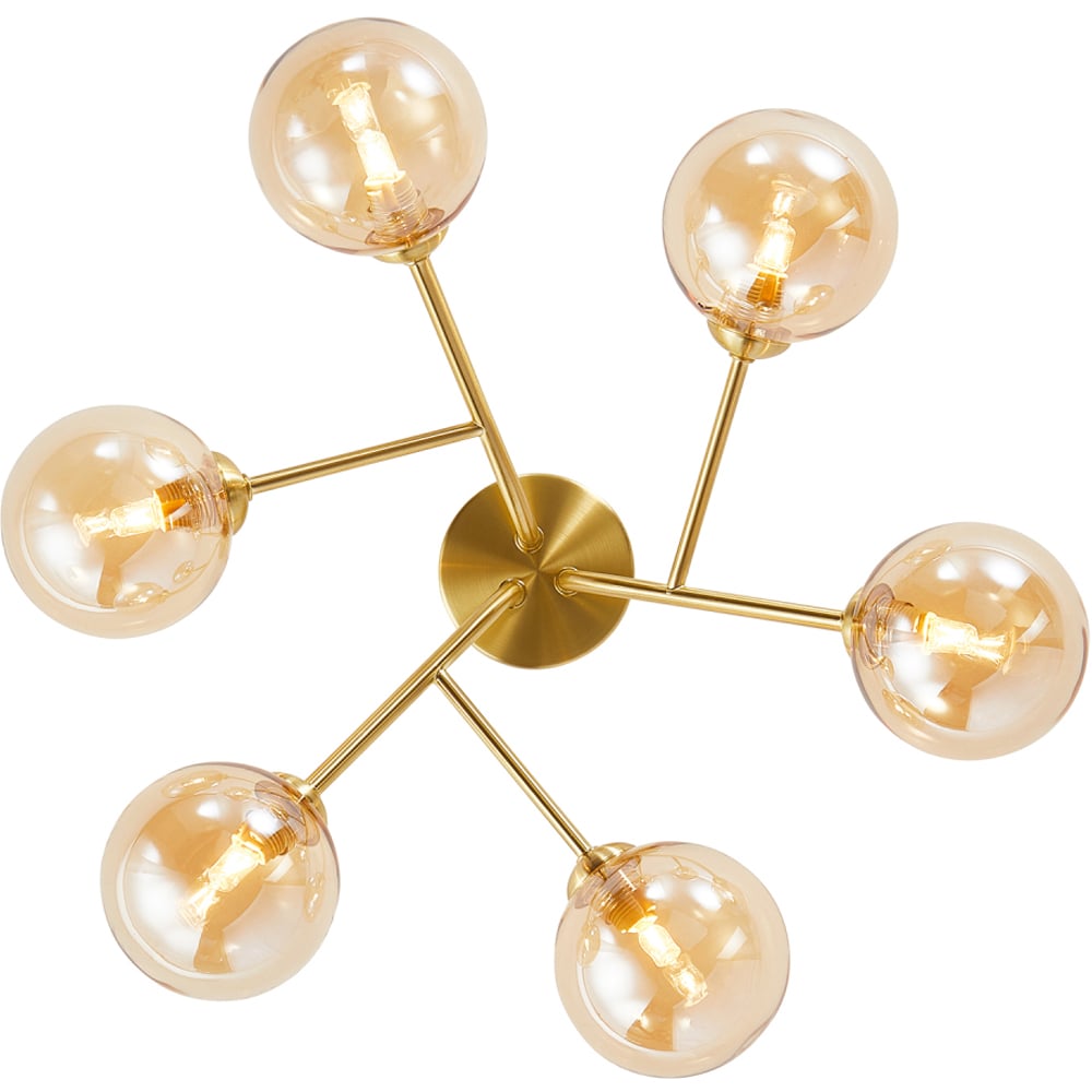 Happy Homewares 6 Arm Satin Gold Ceiling Light Fixture with Amber Tinted Glass Shade Image 3