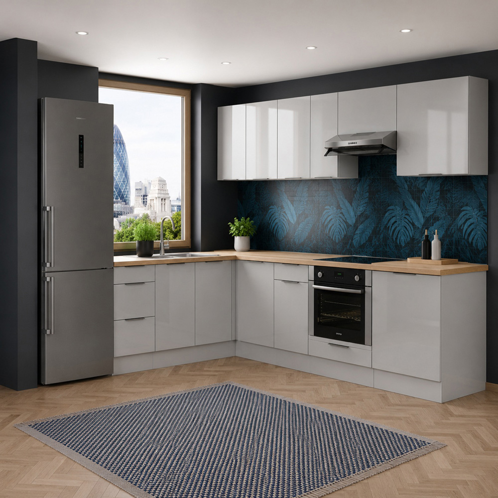 Impact Furniture Star Light Grey Gloss L Shaped Kitchen Corner Cabinet Set of 11 Image 2