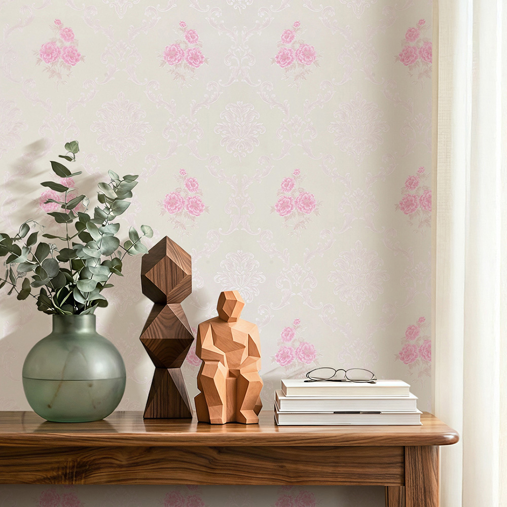 Living and Home Floral Pattern 3D Embossed White and Pink Non-Pasted Non-Woven Wallpaper Image 2