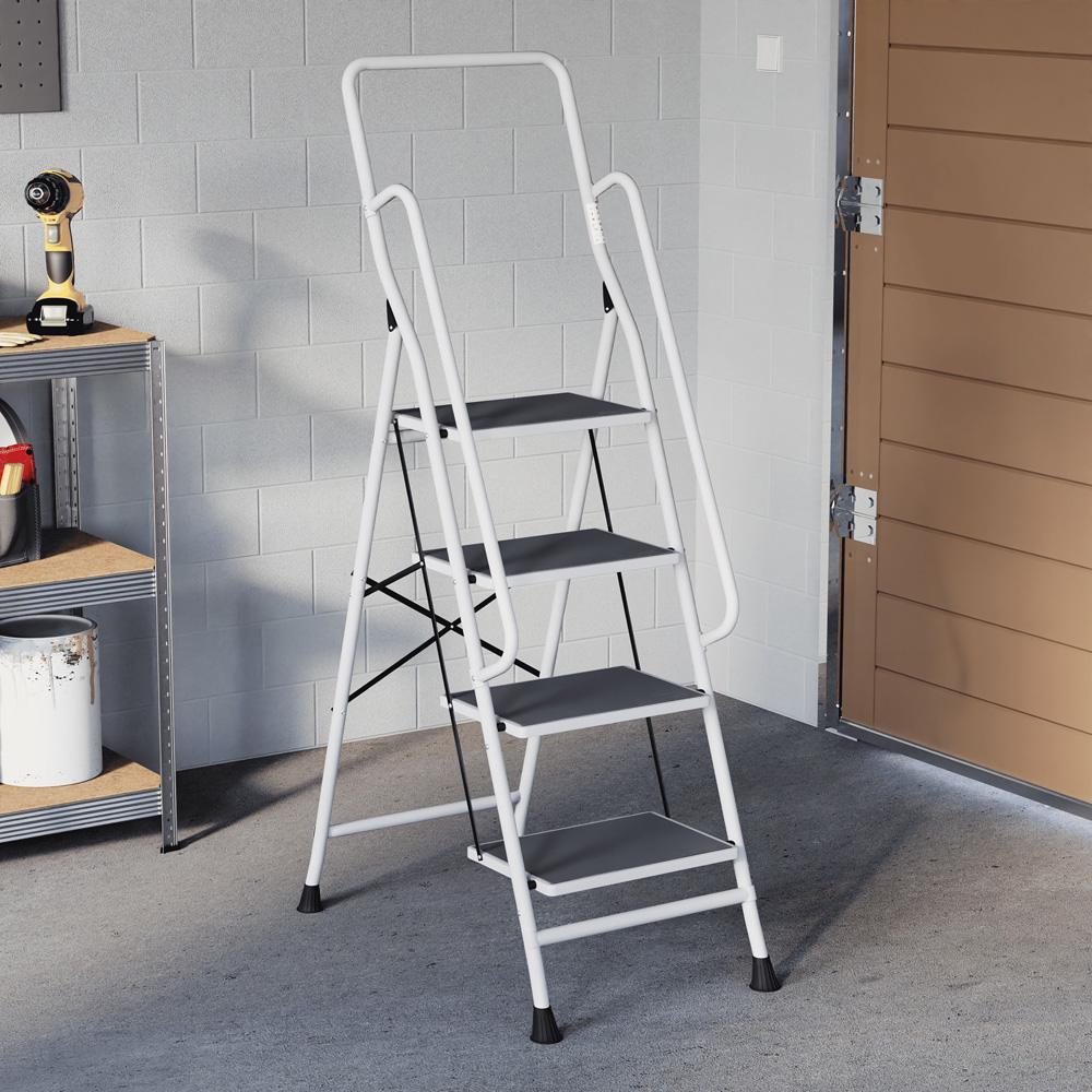HOME VIDA White 4 Step Ladder with Handrail Image 2