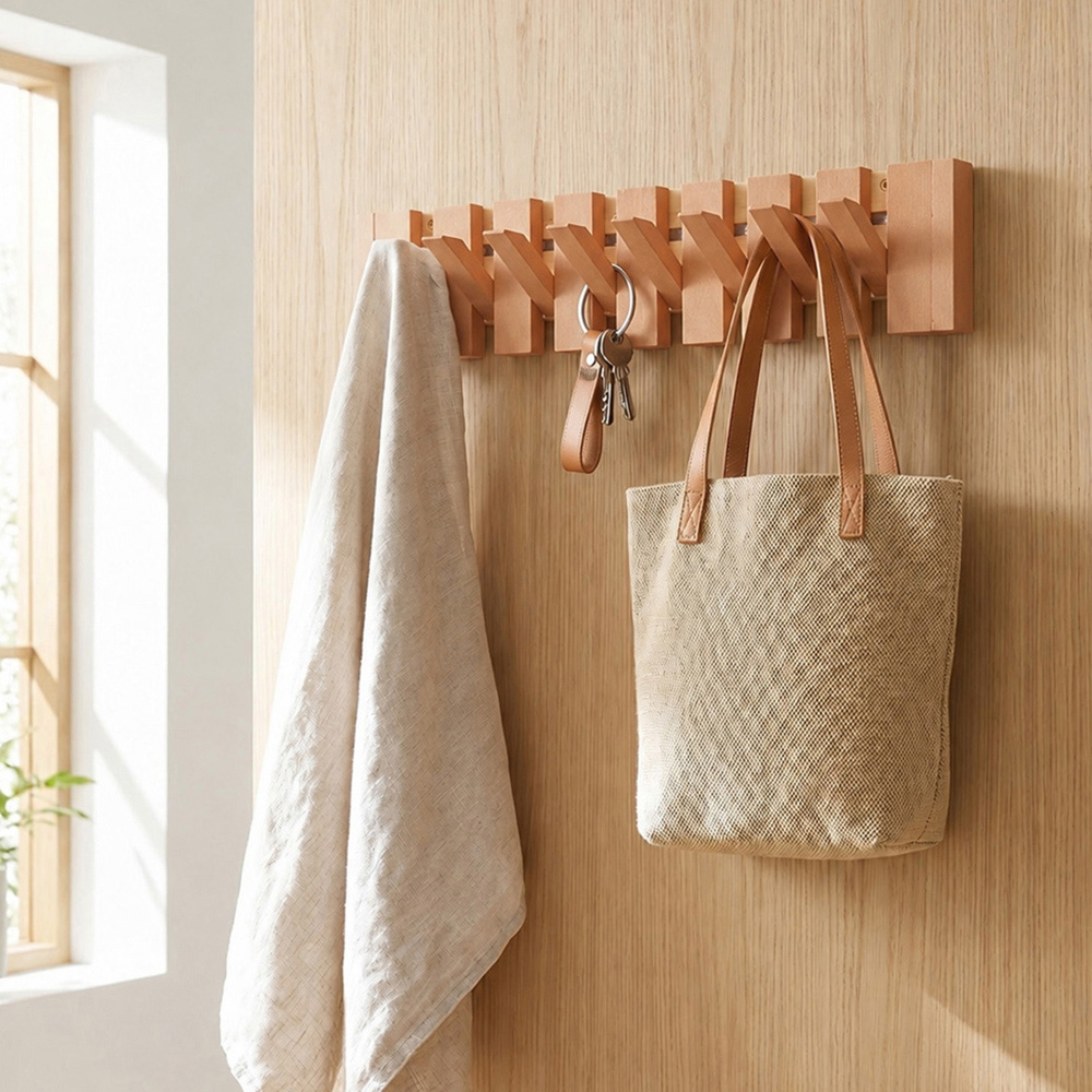 Living and Home Natural Wall-Mounted Coat Rack with 8 Flip-Down Hooks Image 7