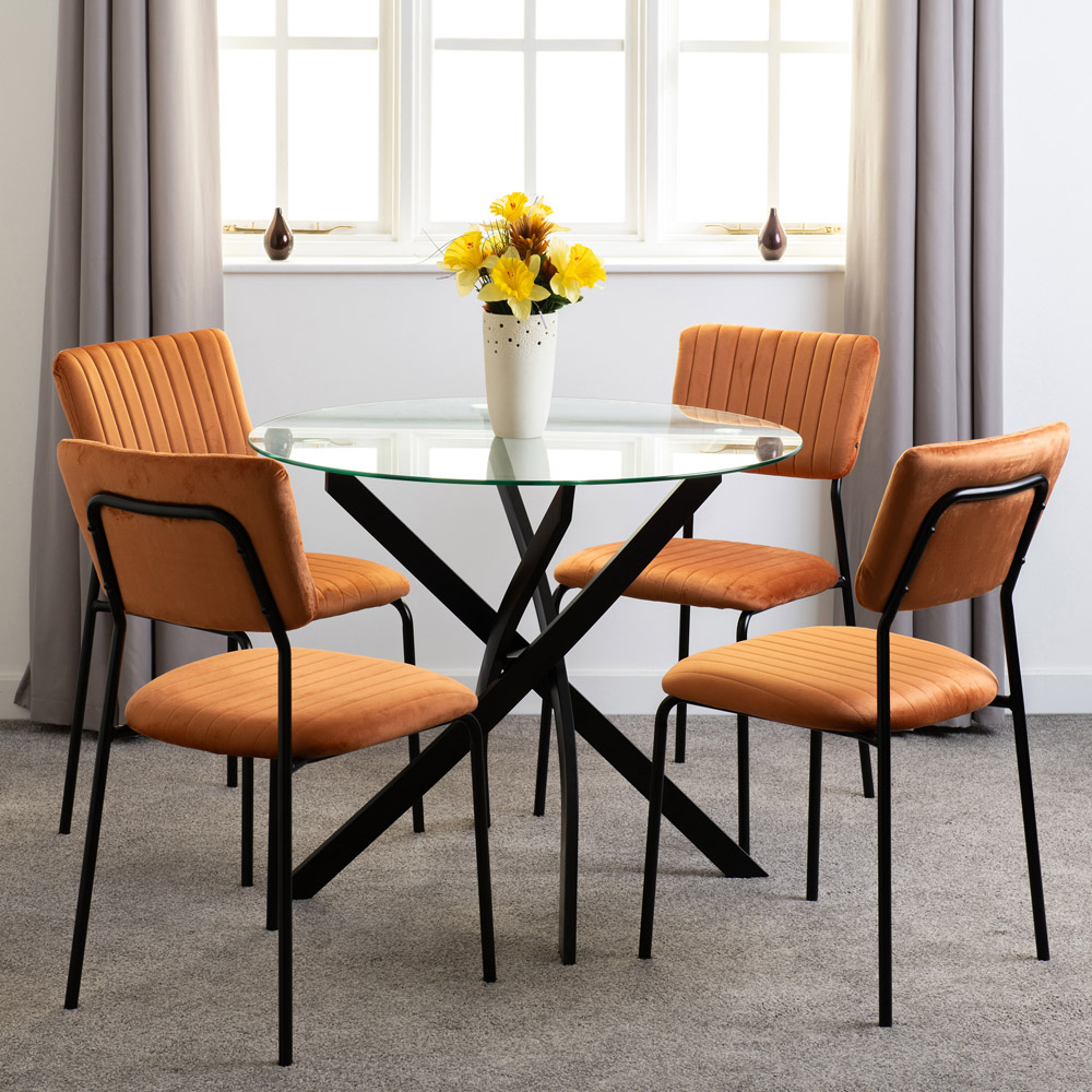 Seconique Sheldon Velvet Fabric 4 Seater Round Dining Set Black and Burnt Orange Image 1