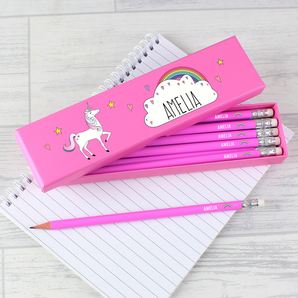Personalised Memento Unicorn Pink HB Pencils 12 Pack Image 2