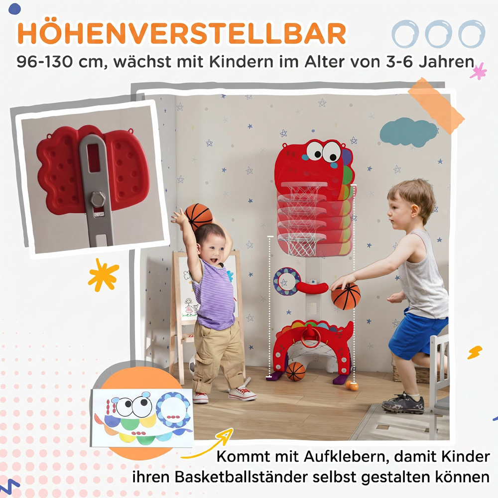 AIYAPLAY 5-in-1 Kids Red Height Adjustable Basketball Set Image 7