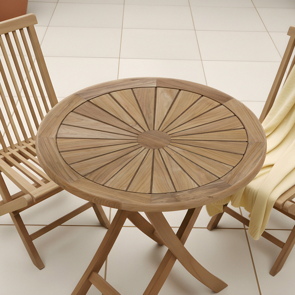 Charles Bentley Teak Wood Foldable Round Slatted Sundial Top Garden Bistro Table Image 6