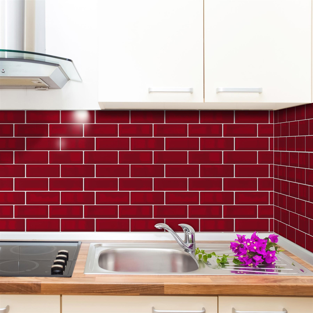 Walplus Cherry Red Retro Glossy 3D Tile Sticker 30.5 x 30.5cm 12 Pack Image 3
