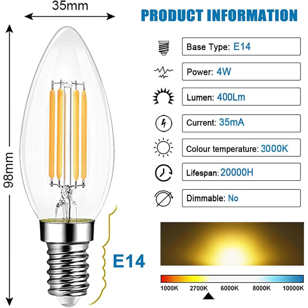 ExtraStar 6 Pack E14 Warm White 4W LED Filament Candle Bulb Image 5