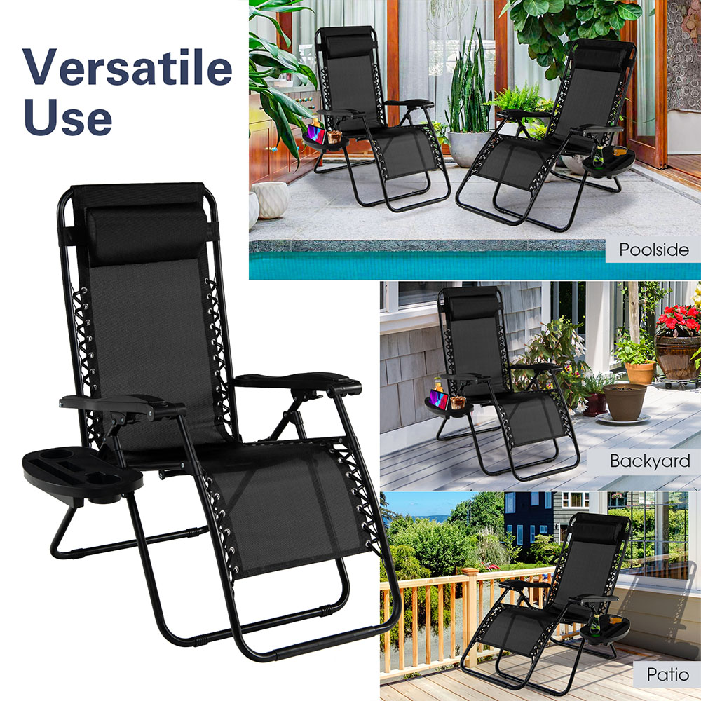 Costway Black Folding Patio Recliner with Removable Headrest and Cup Holder Image 6