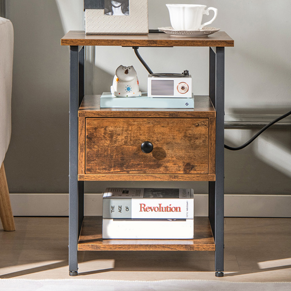 Costway Single Drawer 2 Shelf Brown Nightstand with Charging Station Image 1