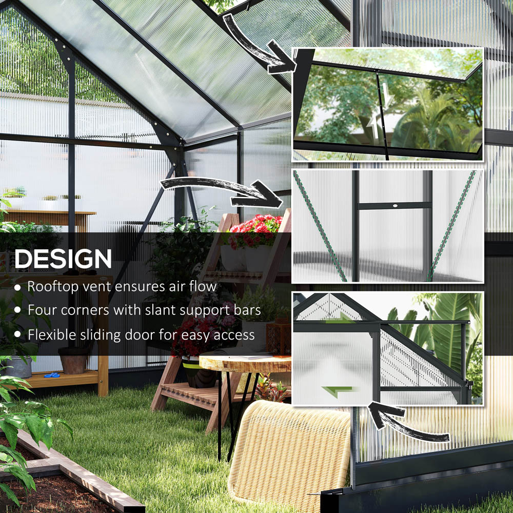 Outsunny 6 x 8ft Black Galvanised Aluminium Polycarbonate Walk In Greenhouse Image 7