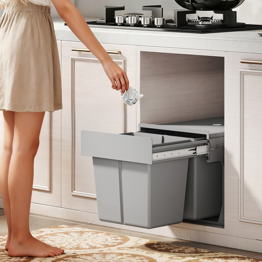 HOMCOM Light Grey Soft-Close Pull Out Double Under Sink Bin 30L Image 2