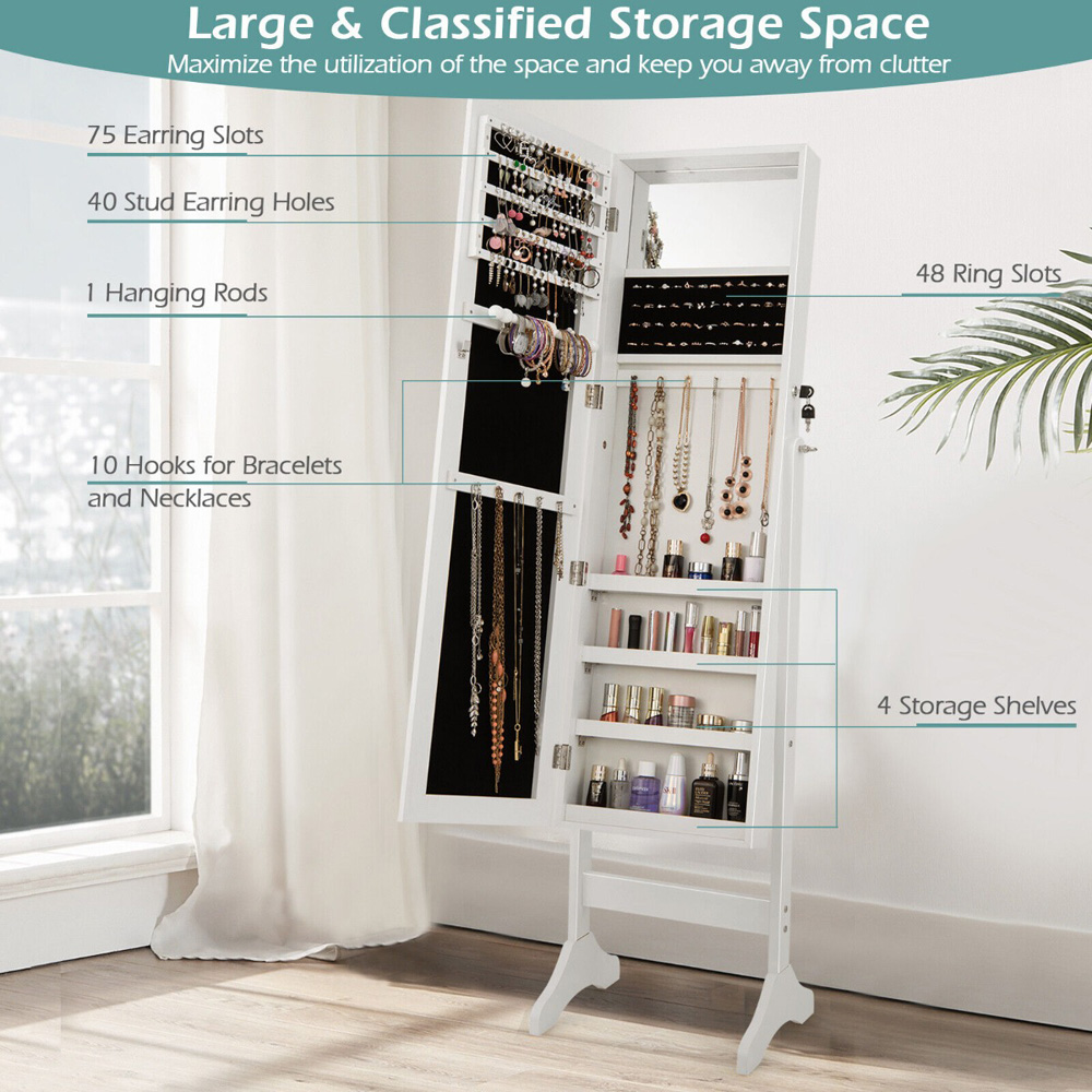 Costway White Freestanding Jewellery Cabinet with Full Length and Inner Mirror Image 5