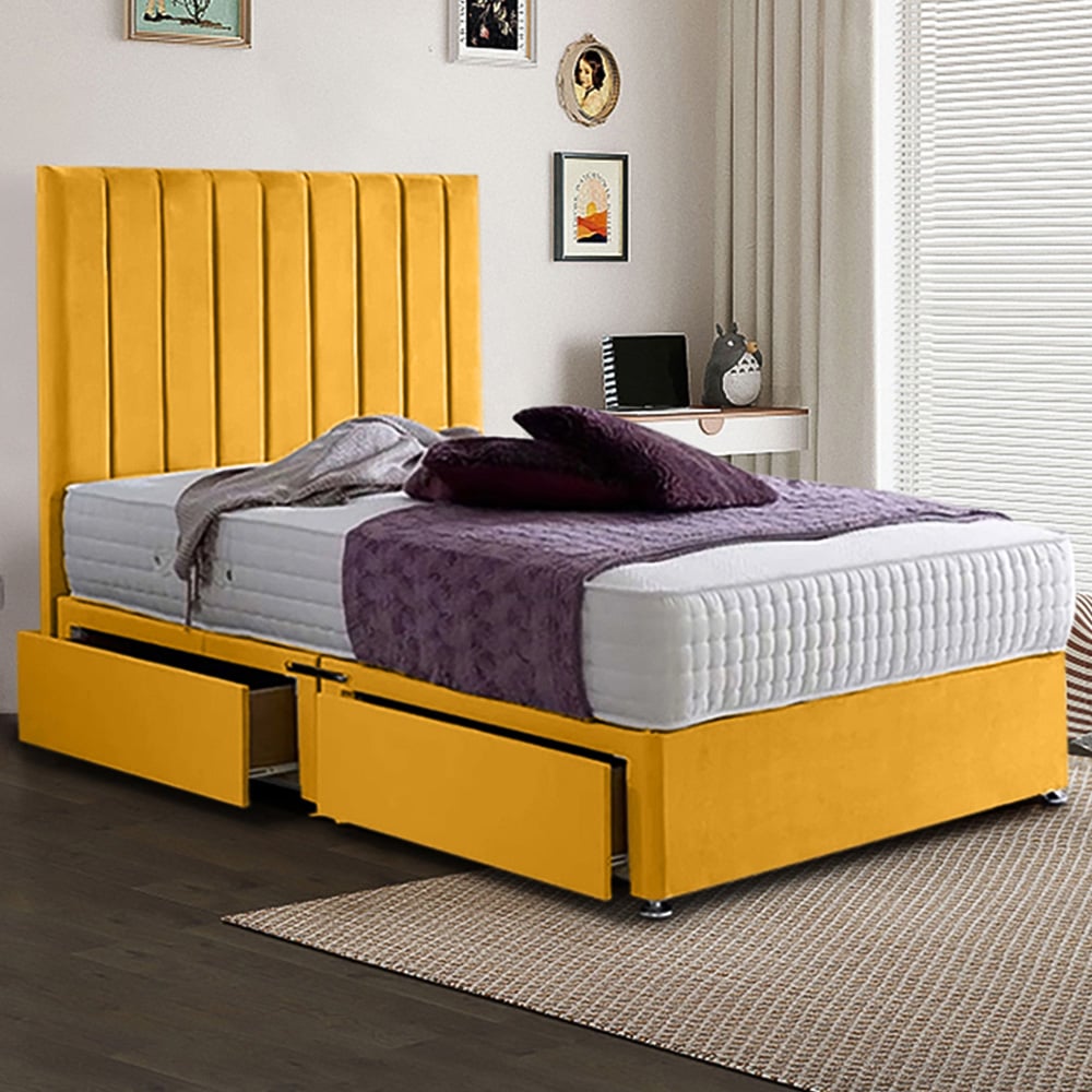 Eleganza Home Sleepytime Small Double Mustard Plush Velvet 2 Drawer Divan Bed with Headboard Image 1