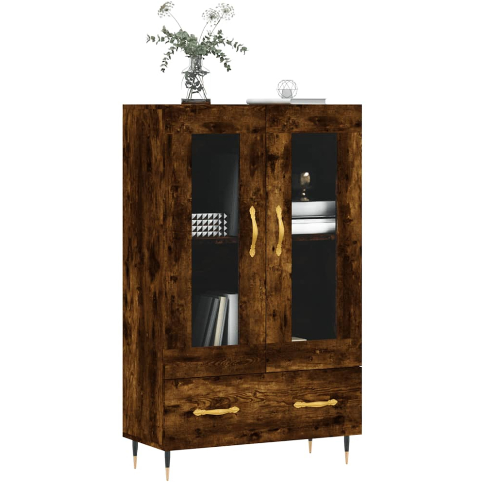 vidaXL 2 Glass Door Single Drawer Smoked Oak Highboard with Metal Legs Image 3