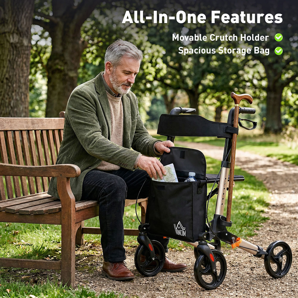 HOMCOM Gold Tone 4-Wheel Foldable Rollator Walker with Seat and Storage Bag Image 4