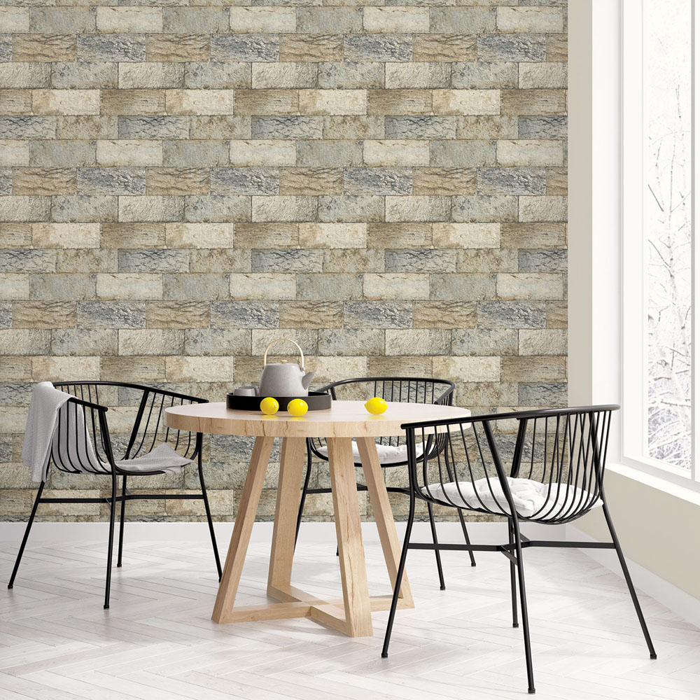 Galerie Organic Textures Stone Bricks Grey and Ochre Wallpaper Image 2