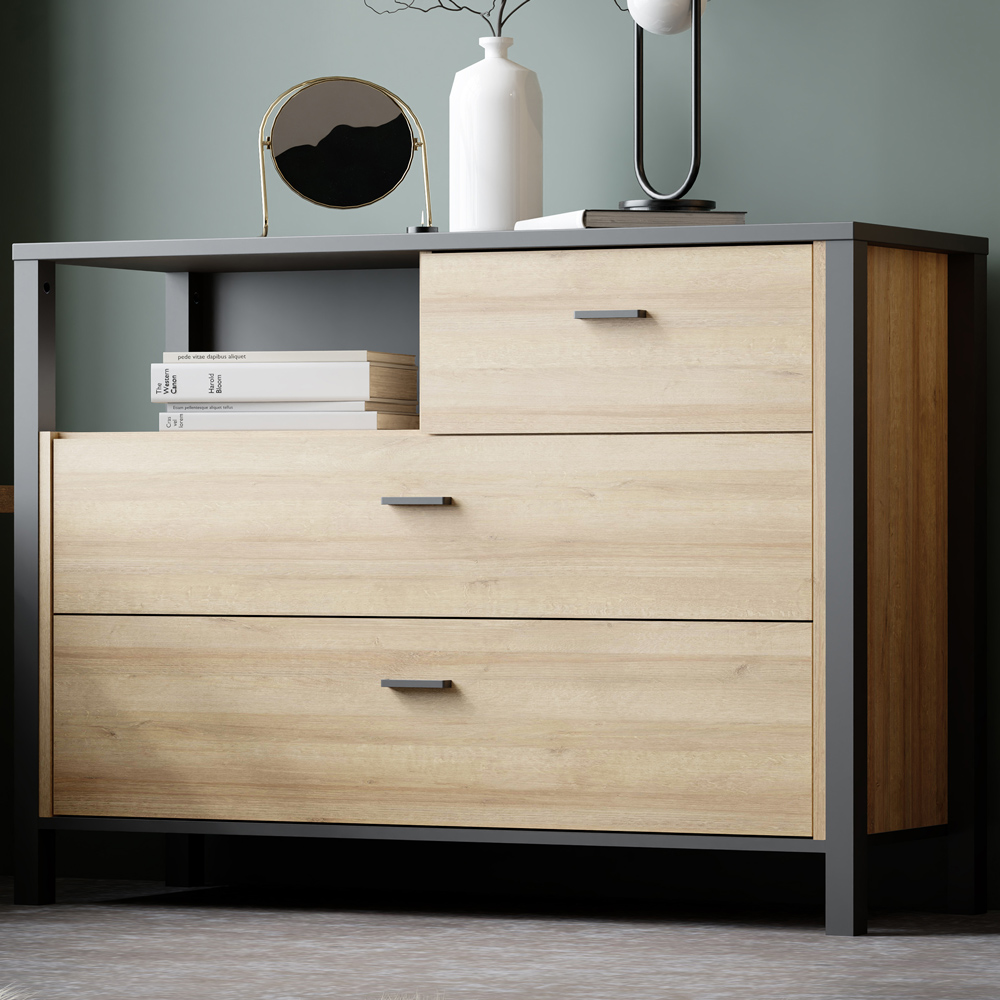 Florence High Rock 3 Drawer Matt Black and Riviera Oak Chest of Drawers Image 1