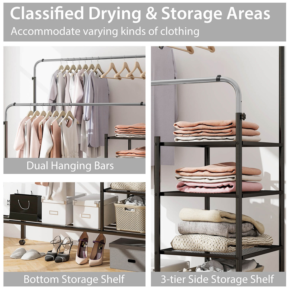 Costway 4 Shelf 2 Hanging Bars Black and Silver Rolling Clothes Rack Image 4