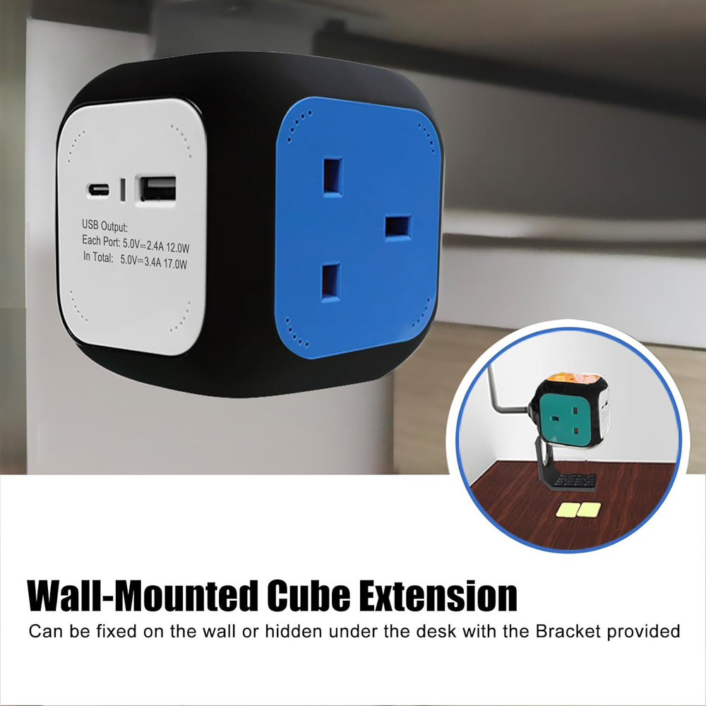 ExtraStar Rubik Cube Style 1.5m 4 Socket Black Extension Lead with USB Port and Type C Port Image 4
