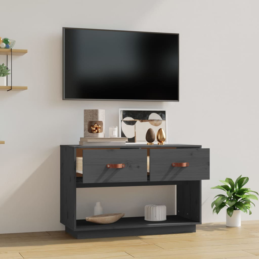vidaXL 2 Drawer Single Shelf Grey Solid Pine TV Cabinet Image 8