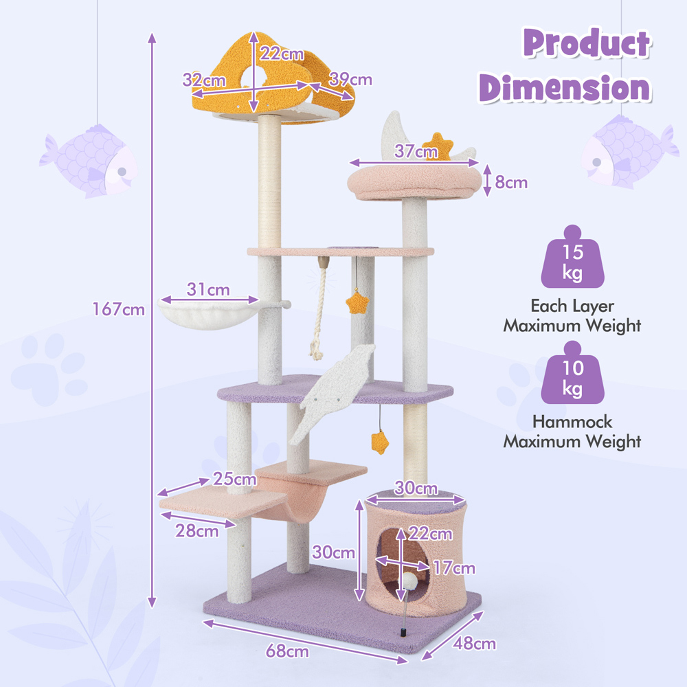 Costway Purple Multi Level Cat Tower with Sisal Covered Scratching Posts 167cm Image 9