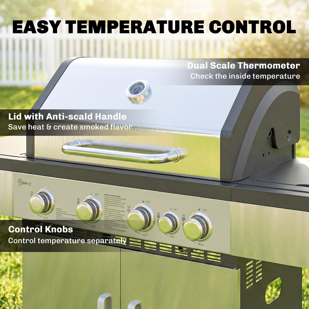 Outsunny Silver and Black 4+1 Burner Portable Gas BBQ Grill with Side Table Image 4