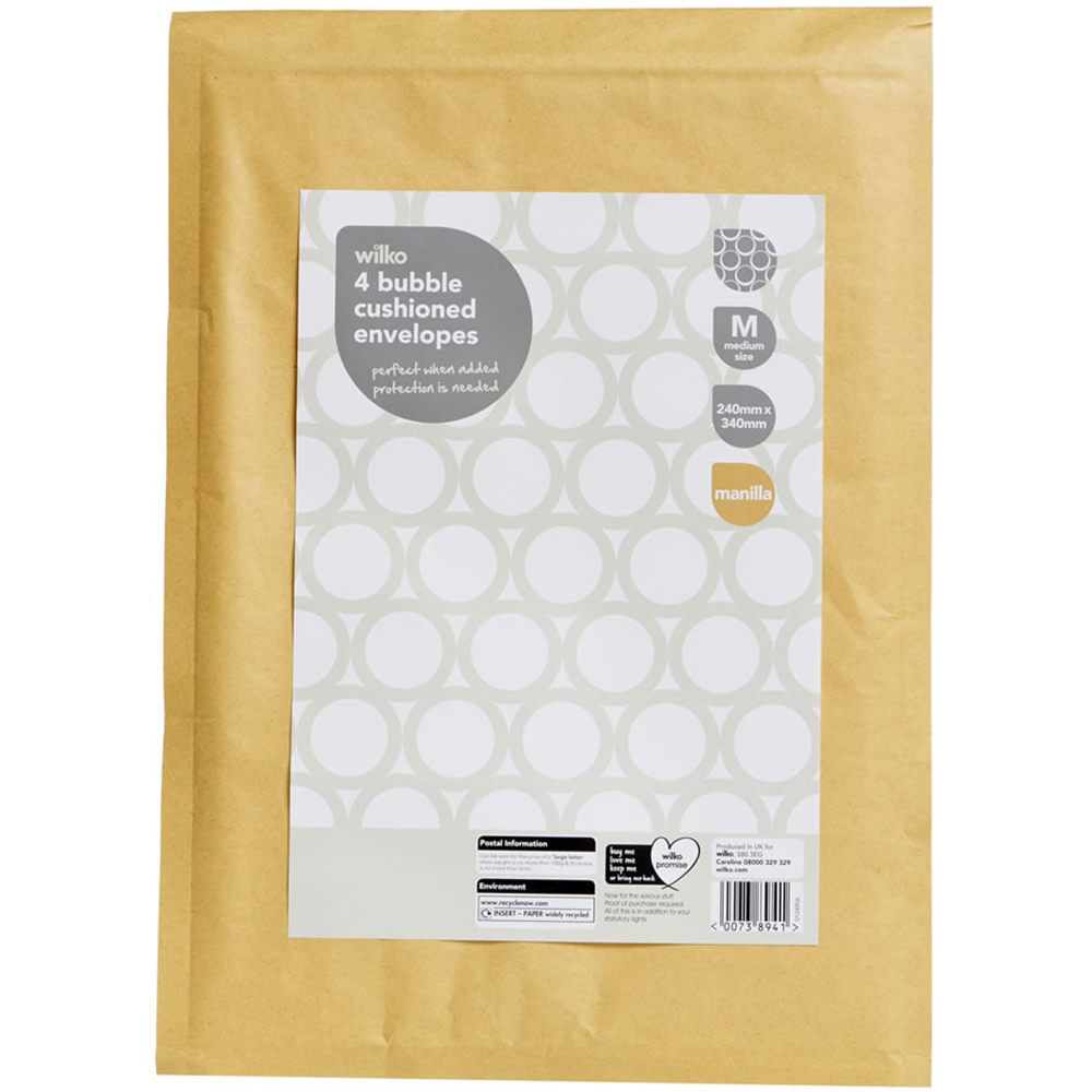 Wilko 7G Manilla Bubble Cushioned Envelopes Medium 240 x 335mm 4 pack Image