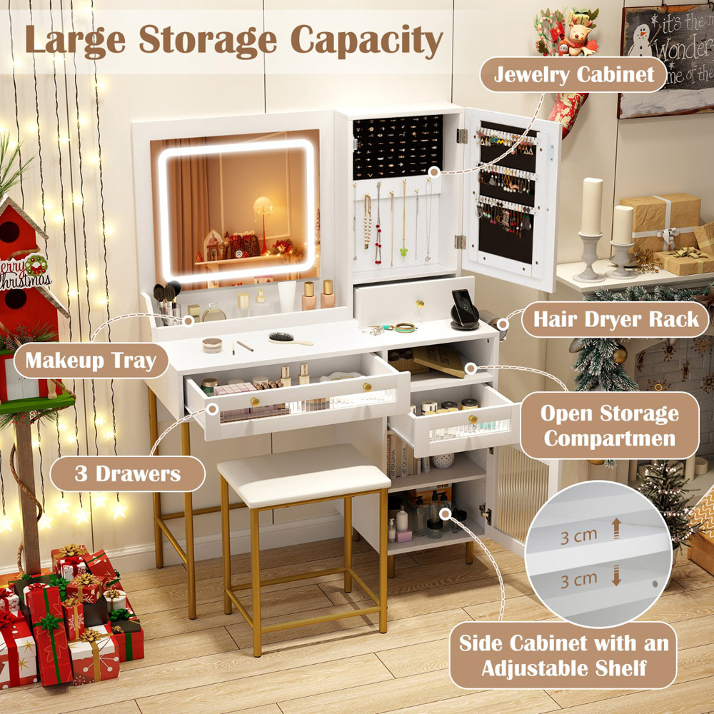 Costway 2 Drawer White Dressing Table and Chair Set with LED Mirror Image 8