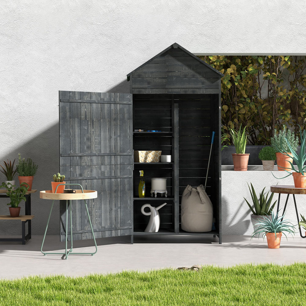 Outsunny 4 Tier Grey Wooden Garden Storage Shed with 3 Shelves Image 2