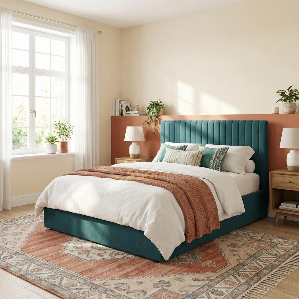 FWStyle Sollom Double Teal Upholstered Lift-Up Ottoman Bed Frame with Ribbed Headboard Image 3