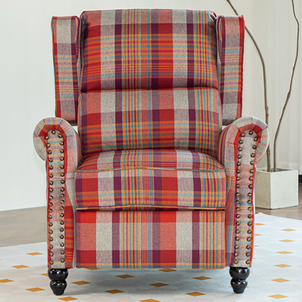 Living and Home Red Plaid Wingback Recliner Armchair with Adjustable Backrest and Footrest Image 1