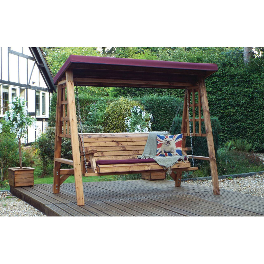 Charles Taylor Dorset 3 Seater Swing with Burgundy Cushions and Roof Cover Image 2
