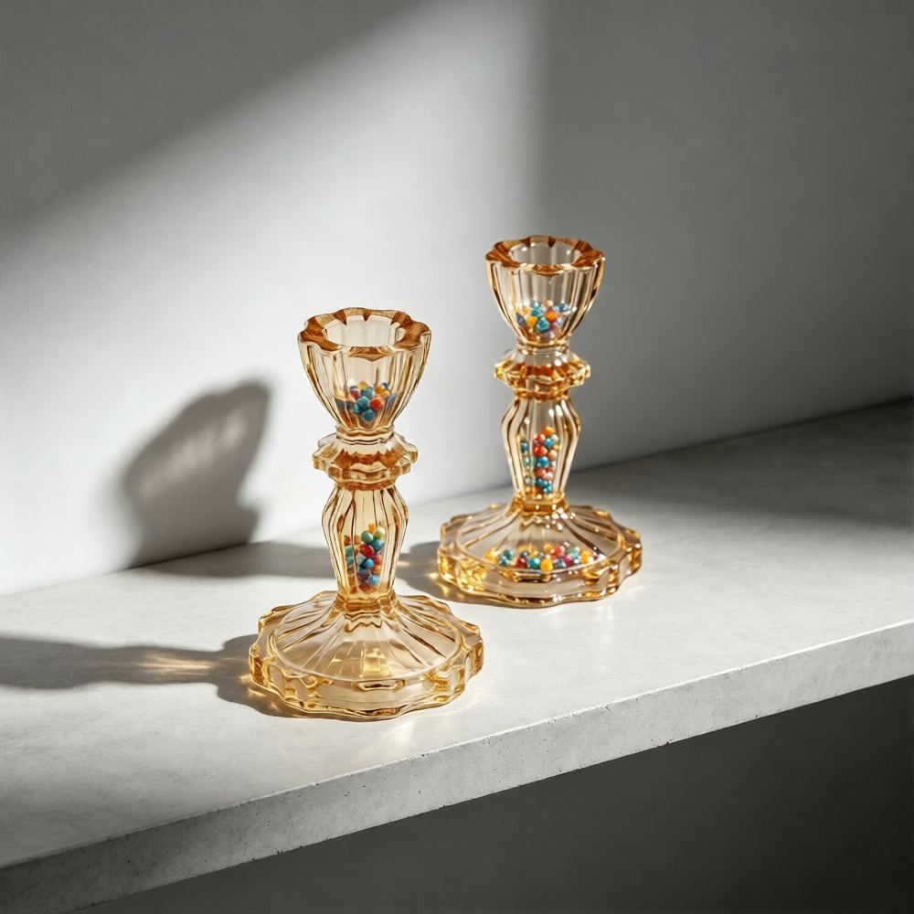 Living and Home Amber Glass Wide Base Candlestick Holder Set of 2 Image 2