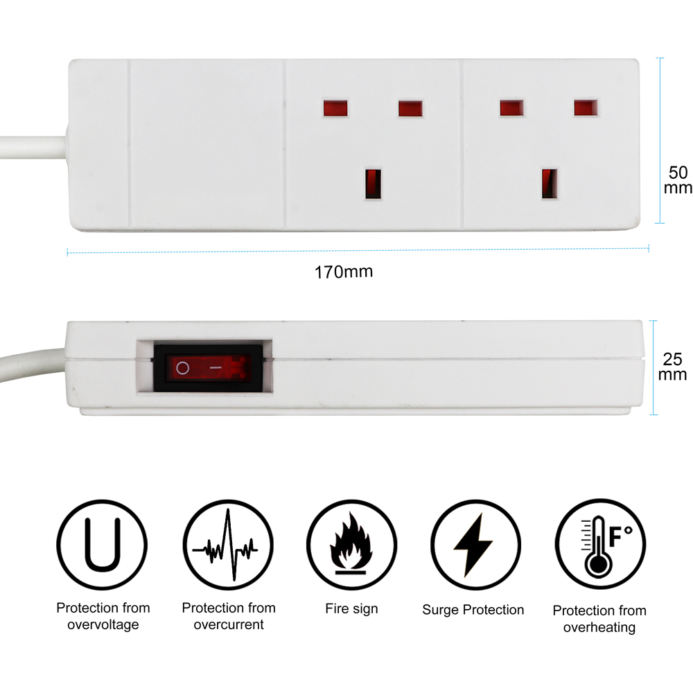 ExtraStar 13A 1m 2 Socket White Switched Extension Lead Image 4